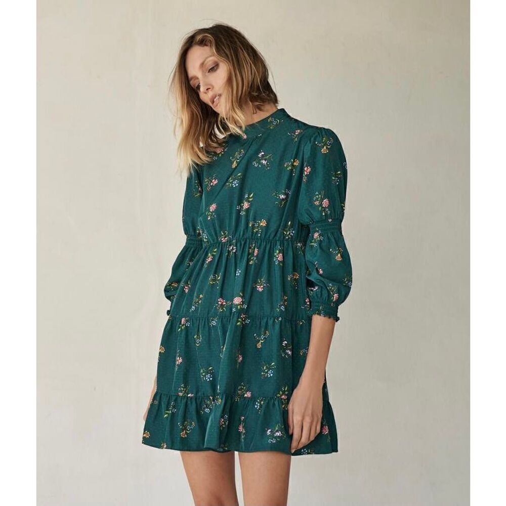 ZARA Retro Vintage Deep Emerald Green Floral Print Mini Dress